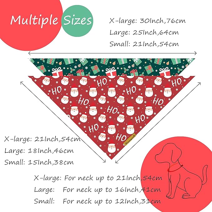 Christmas Dog Bandanas 2 Pack, 4 Pattern Reversible Holiday Bandana for Boy and Girl, Dog Scarf for Medium and X- Large Breed Dogs | Chritmas Gift | Reindeer | Santa Claus | Tree |