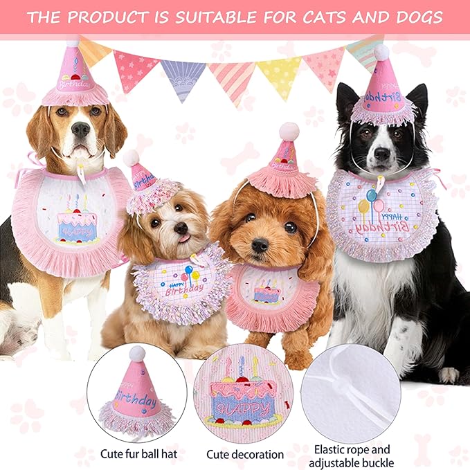 Dog Birthday Party Supplies, Dog Birthday Bandana Set,Bling Boy Girl Party Hat with Numbers for Puppy Large Medium Small Pet (Pink Set, Large)