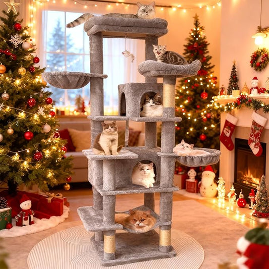 68 Inches Multi-Level Large and Tall Cat Tree Tower for Indoor Cats/Removable Pad/Cat Condo/Sisal Scratching Posts/Hammock/Cat Activity Center/Wide Base