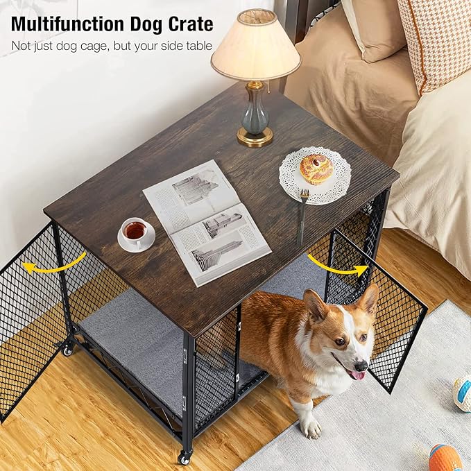 Aivituvin Dog Crate Furniture Movable Side End Table Indoor Dog Kennel for Small Medium Large Dogs Double-Doors Wooden Dog House with Cushion, Tray, Wire Floor(27.2")