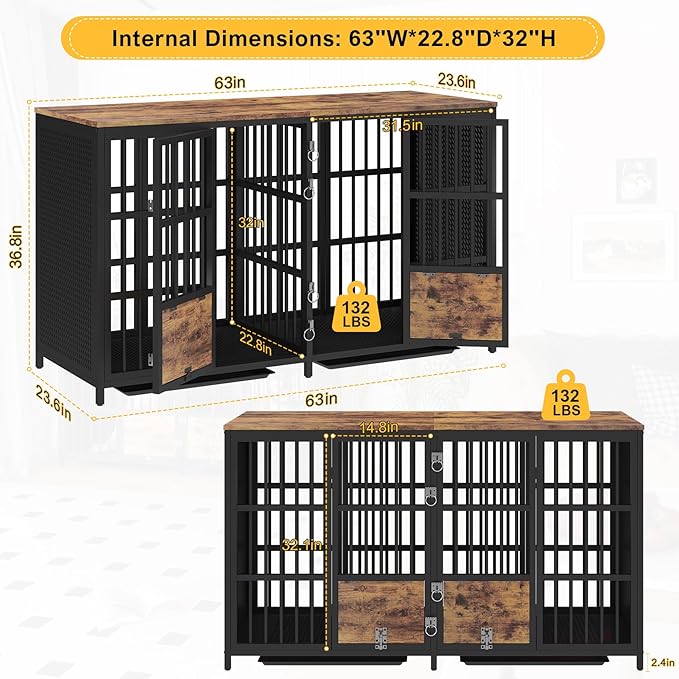 BOINN Large Dog Crate Furniture, 63 inch Heavy Duty Double Dog Crate with Divider, Extra Large Dog Kennel Furniture with Removable Trays for Medium Large Dogs