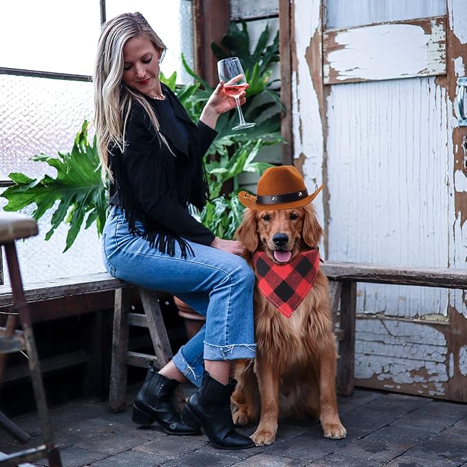 Yewong Pet Cowboy Costume Accessories Dog Cat Pet Size Cowboy Hat and Bandana Scarf West Cowboy Accessories for Puppy Kitten Party Festival and Daily Wearing Set of (Coffee hat+red bib)