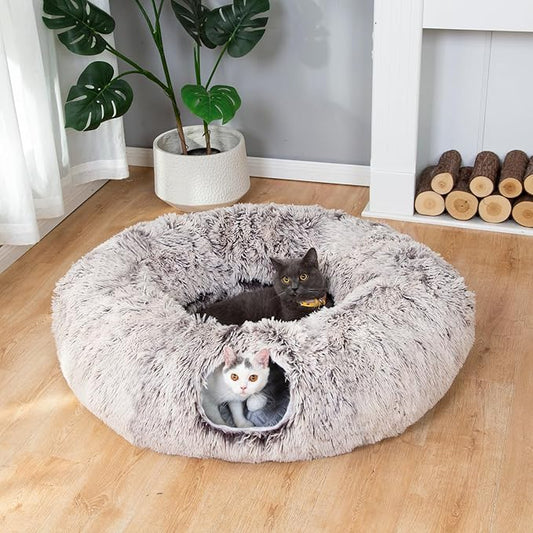 LUCKITTY Warm Fluffy Plush Cat Tunnel Bed Under Christmas Tree Big Tube Playground Toys 3 FT Diameter Longer Crinkle Collapsible 3 Way, for Indoor Cat Kitty Kitten Puppy Rabbit Ferret Brown