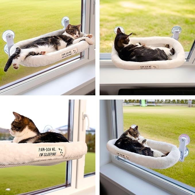Cat Window Perch — Cat Window Bed with 4 Large Premium Suction Cups & Soft Solid Cushion; Strong Rustproof Metal Frame Window Hammock Holding Up to 40 lbs; Easy Assembly Perch for Indoor Cats