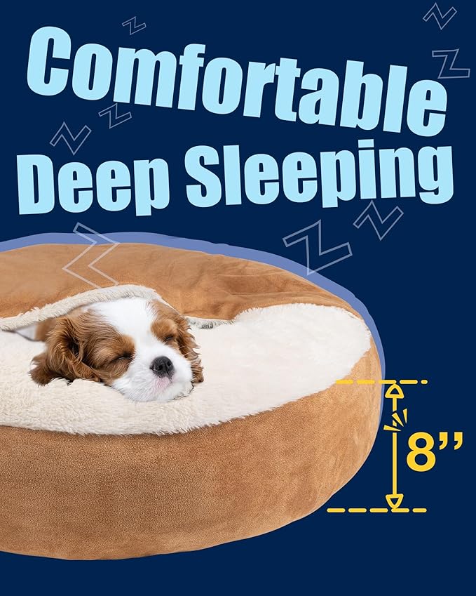 Pet Soft Small Dog Bed Cat Bed with Cover Cave - Round Calming Dog Beds Washable Cuddler Puppy Beds for Small, Medium Dogs and Cats (Khaki, 24")