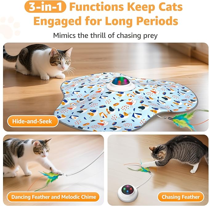 Interactive Cat Toys Rechargeable: Interactive Cats Toy with Chime - Automatic Cat Toys for Indoor Cats, Hide and Seek Toy with Motion, Moving Feather, USB,Blue