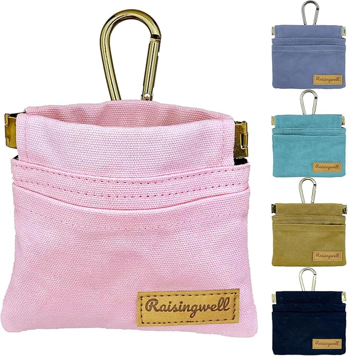 Dog Treat Pouch, Small Cotton Pocket Sized Training Holder, Hand Free Walking Fanny Bag with Carabiner, Self-Closing Pet Feed Snack Reward, Behavior Aids for Puppy Travel or Outdoor (Pink)