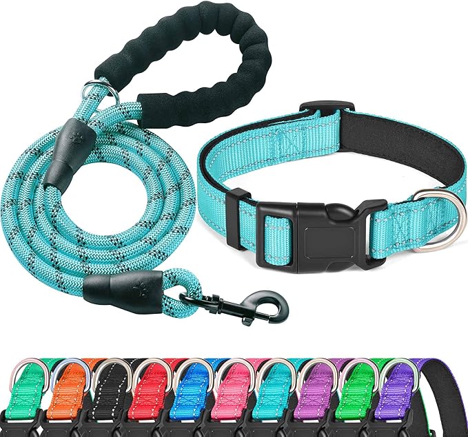 Reflective Dog Collar Padded with Soft Neoprene Breathable Adjustable Nylon Dog Collars for Small Medium Large Dogs (Collar+Leash L Neck 19"-23.5", Blue)