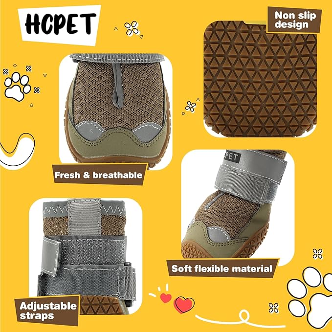 Hcpet Dog Shoes for Large Dogs, Breathable Dog Booties for Small Medium Dogs, Anti-Slip Dog Boots & Paw Protectors for Hot Pavement Winter Snow Hiking with Reflective Straps Army Green Size 8
