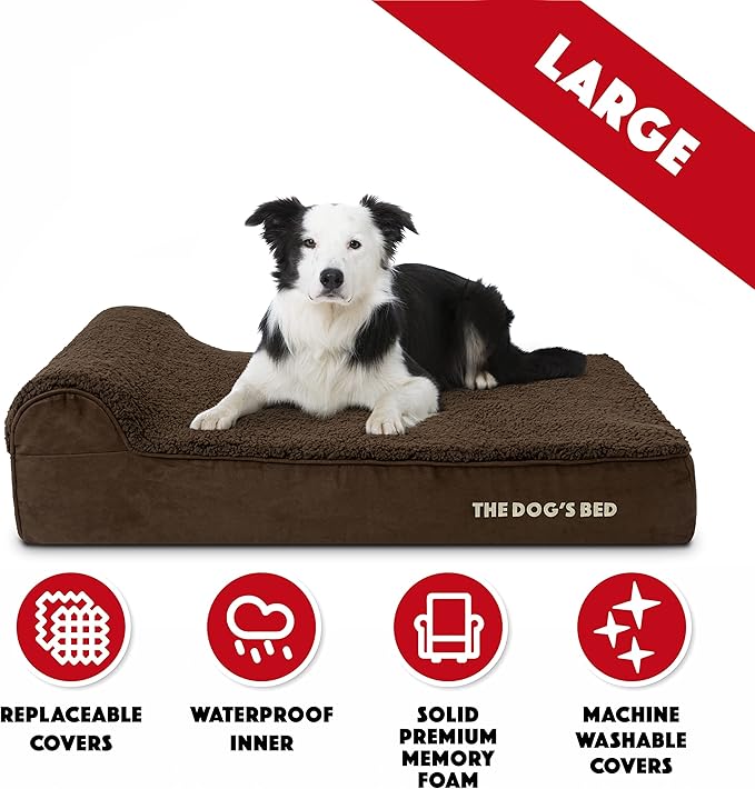 The Dog’s Bed Orthopedic Headrest Dog Bed Large Brown Plush, Memory Foam, Pain Relief for Arthritis, Hip & Elbow Dysplasia, Post Surgery, Lameness, Waterproof Washable Cover