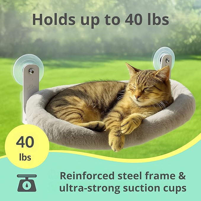 Cat Window Perch with Washable Cushion & Strong Suction – Stable & Cozy Cat Hammock for Window (Holds up to 40 lbs) – Durable Window Bed for Indoor Cats