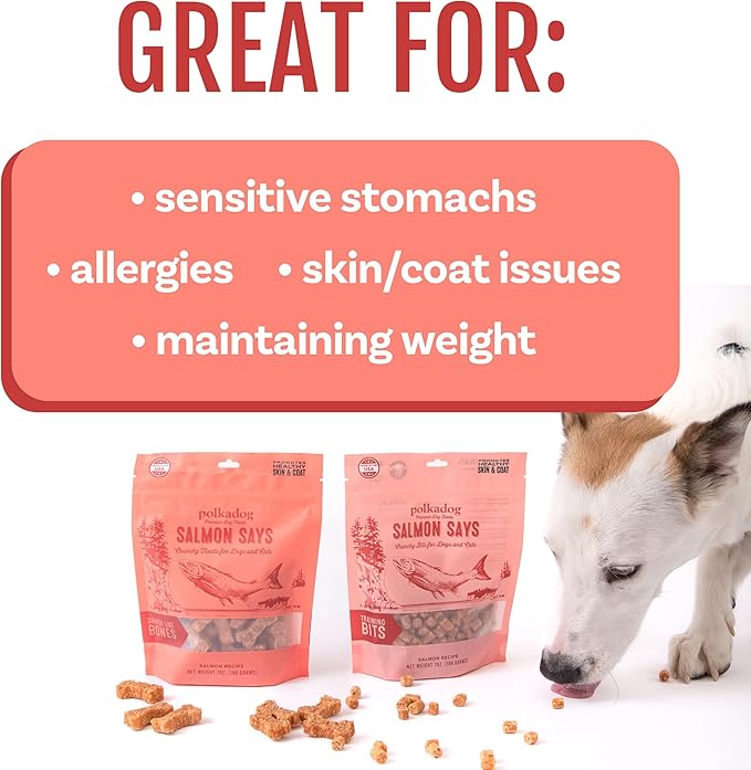 Polkadog Salmon Says Bone Shaped Treats - Omega-3 Rich, Low Fat Healthy Dog Treat - Digestible, Vitamin & Mineral Packed Dog Snacks - Crunchy 3-Ingredient Treat, Ideal for Dogs with Allergies - 7 oz