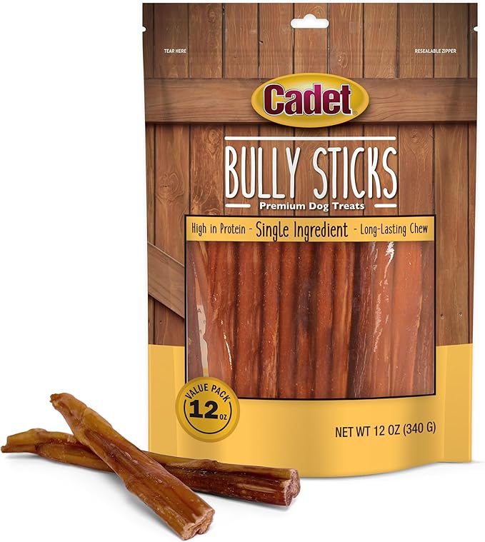 Cadet Bully Sticks for Small Dogs – All-Natural Beef Pizzle, High Protein, Low Fat, Long-Lasting, Grain & Rawhide-Free Dog Chews for Aggressive Chewers, Small (12 Ounce)