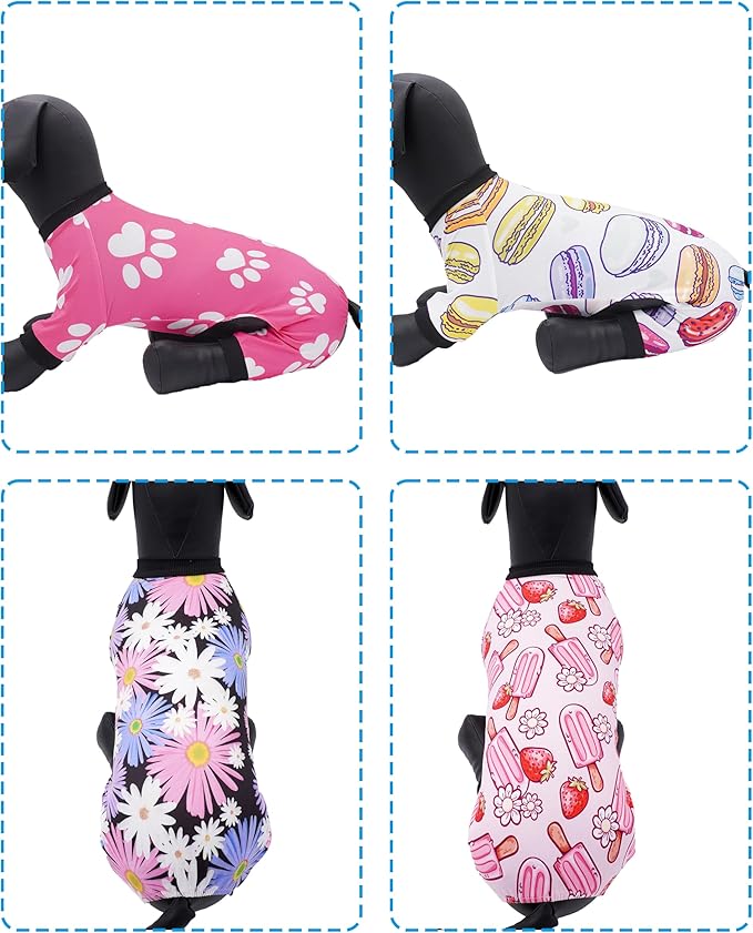 PET SHOW 4 Pack Small Dog Pajamas Girl Doggies Soft Stretchy PJs Paw Floral Puppy Cats Doughnut Ice Cream Onesies Outfits with Sleeve Pets Breathable Summer Clothes Costume S