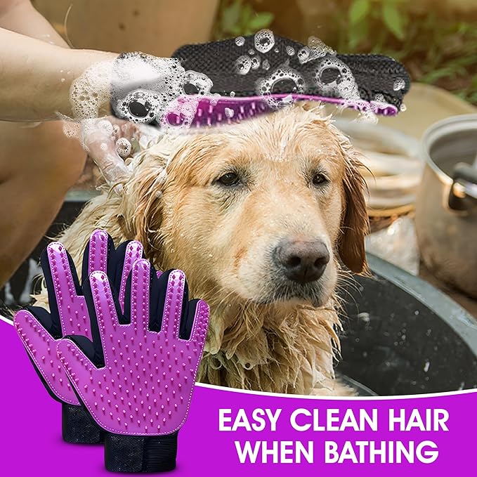 Upgrade Pet Grooming Gloves, Grooming Gloves for Dogs, Cats, Rabbits & Horses with Long and Short Hair, Efficient Pets Hair Remover Mittens - 1 Pair (Purple)