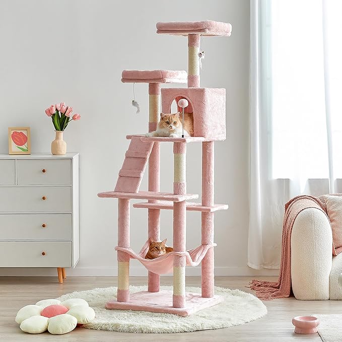 MWPO 70.1-Inch Pink Large Cat Tree, Multi-Level Tall Cat Tower for Indoor Cats, Plush Cat Condo with Big Padded Perches, Sisal-Covered Scratching Posts, Hammock, Toys for Kittens & Cats