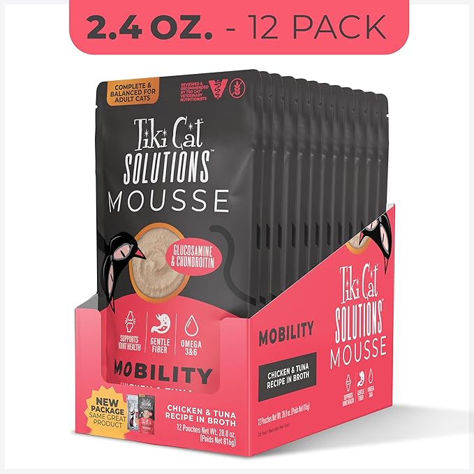 Tiki Cat Solutions Mobility Mousse, Chicken & Tuna Recipe in Broth, Formulated to Support Healthy Joints, Functional Wet Cat Food, 2.4 oz. Pouch (12 Count)
