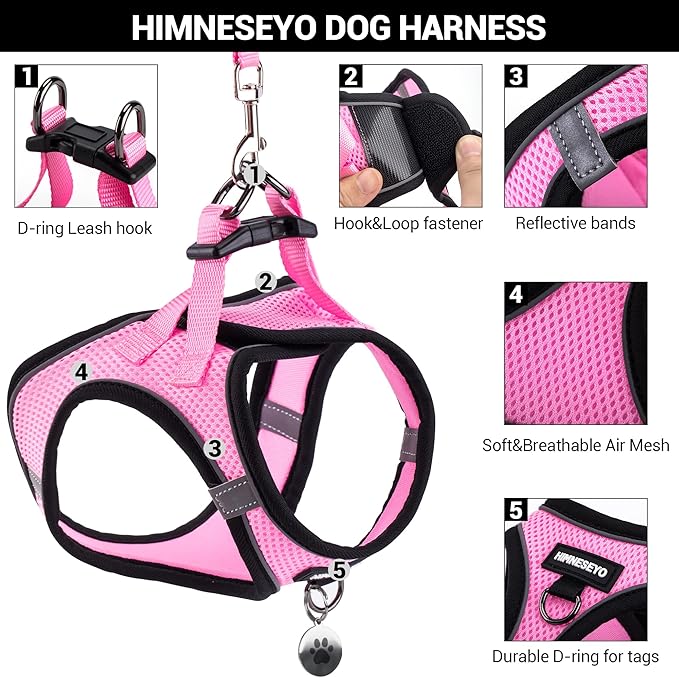 Dog Harness and Leash Set, Dog Harness for Dogs No Pull, No-Chock Step-in Reflective Breathable Lightweight Easy Walk Vest Harnesses with Safety Buckle for Small Medium Dogs, Cats (Pink, M)