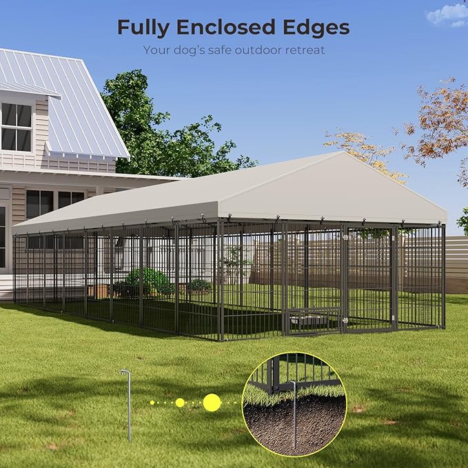 10X19FT Large Dog Kennel Outside with Feeding, Heavy Duty Outdoor Dog Run Cage with Cover & Lock, Outdoor Pet Enclosure Fence for Yard with Roof