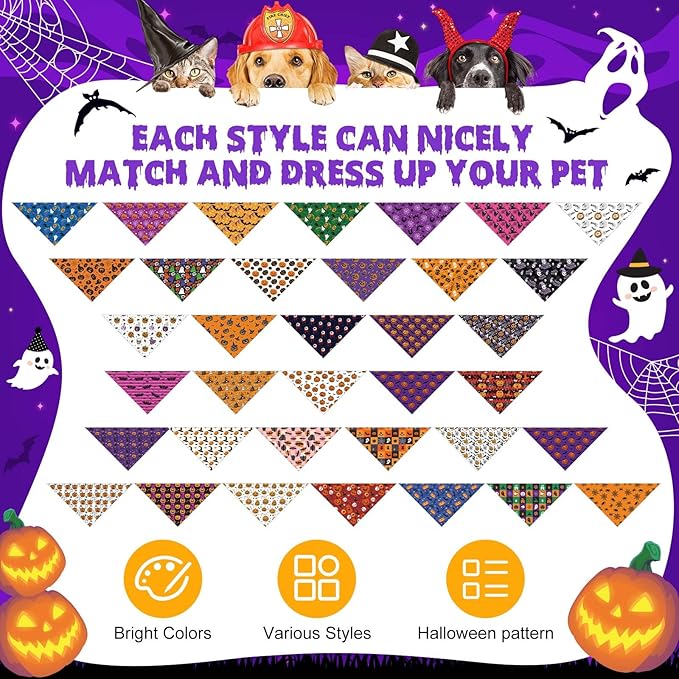 Sanwuta 72 Pcs Halloween Dog Bandana Bulk Washable Puppy Triangle Scarfs Halloween Pumpkin Cat Bandanas Adjustable Soft Pet Triangle Bibs Accessories for Small Medium Dogs Cats Pets Costume