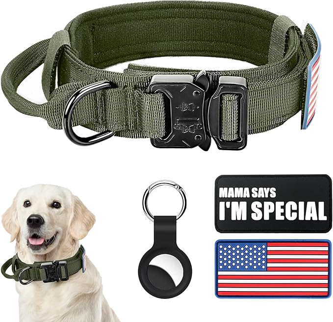 Tactical Dog Collar, Adjustable Nylon, Heavy Duty Metal Buckle with Handle, Green, L
