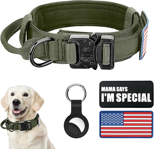Tactical Dog Collar, Adjustable Nylon, Heavy Duty Metal Buckle with Handle, Green, L