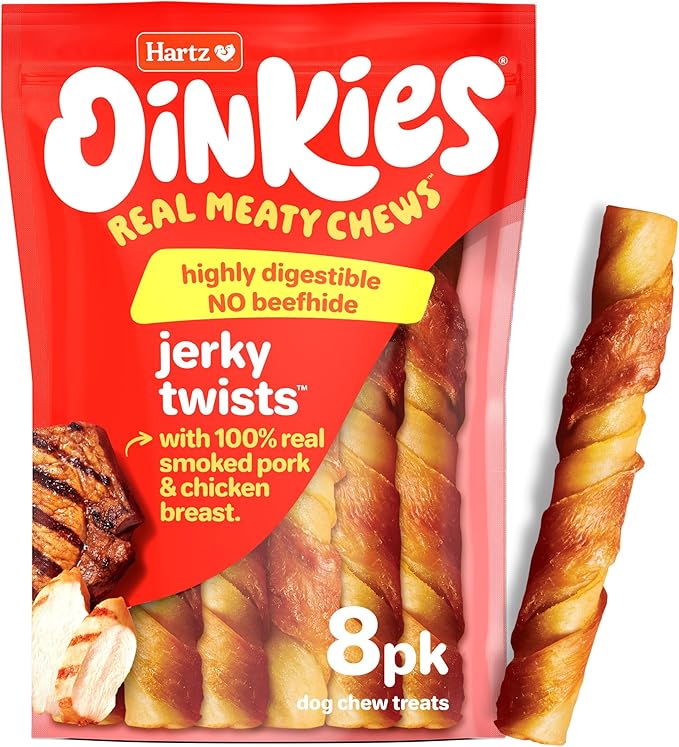 Hartz Oinkies Jerky Twists with Naturally Smoked Pork & Real Chicken Breast Dog Treats, Highly Digestible Long Lasting Dog Chews, 8 Count