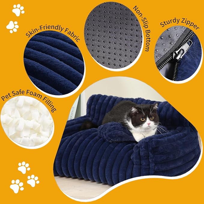 Extra Wide Fluffy Cat Bed, Small Dog Bed with Bone Shaped Pillow, Anti-Anxiety Pet Couch with Washable Cover, Blue