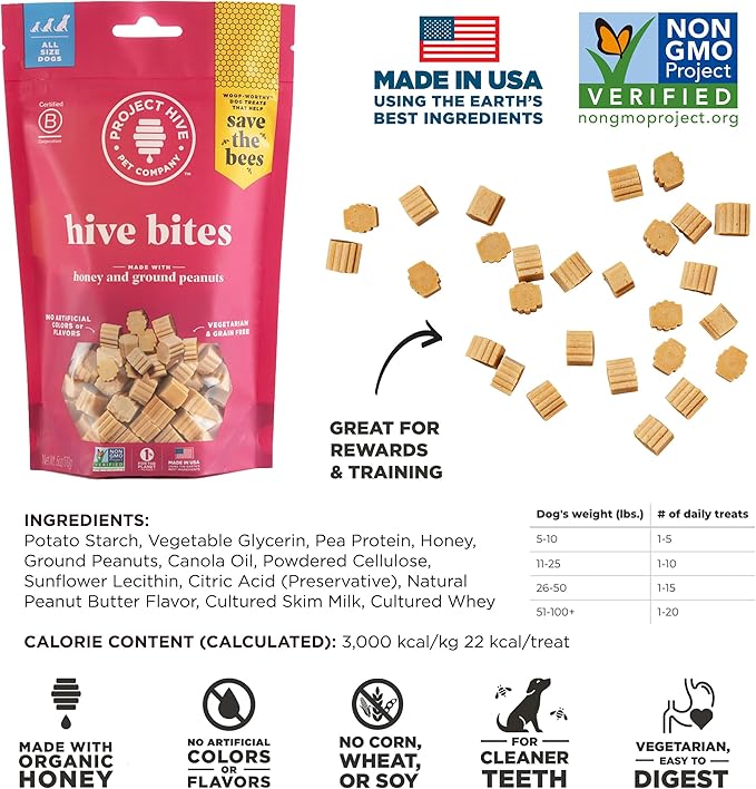 Hive Dog Training Treats 2 Pack — Healthy, Non-GMO Project Verified, Natural Peanut Butter Flavored, Vegetarian, Grain Free Dog Treat for Small and Large Dogs, Made in The USA