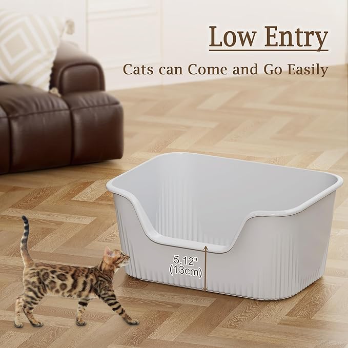 Large Cat Litter Box with High Sides 21.5 * 16.1 * 10.4 inches Big Litter Boxes for Large Cats Easy Clean Open Litter Box, Anti-Splashing&Leak-Proof, Grey