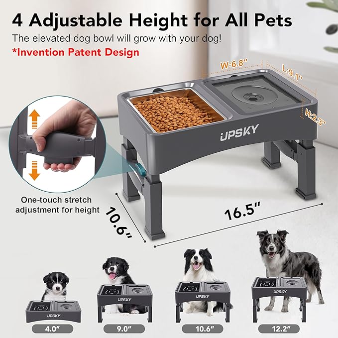 UPSKY 3-in-1 Elevated Dog Bowls Slow Feeder, Adjustable Stand, No Spill Water Dispenser, Stainless Steel Food & Water Bowl for Small Medium Dogs