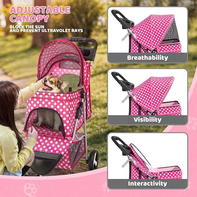 Magshion 3-Wheel Pet Stroller, Foldable Travel Jogger for Small & Medium Dogs & Cats (Up to 33lbs), Lightweight Carrier with Breathable Mesh Cover, Cup Holder & Storage Basket, Hot Pink Polka Dots
