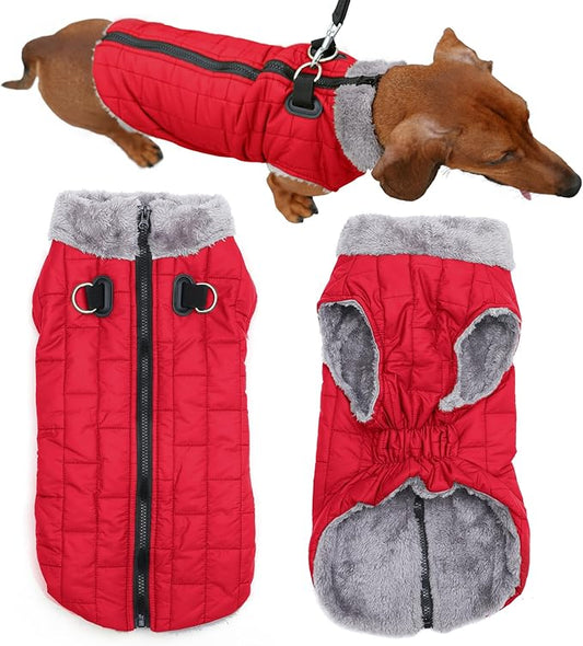 Warm Fleece Dog Coats with Durable Harness Buitl in D-Ring,Waterproof Puppy Jacket for Small Dogs,Dog Vest for Cold Winter,Red S