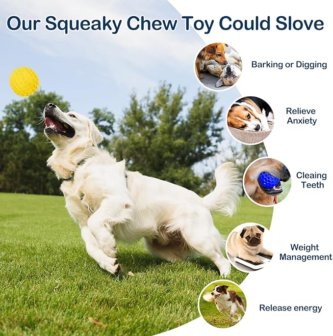 2 Pack Indestructible Squeaky Dog Balls for Aggressive Chewers, Durable Rubber Chew Toys for Teething, Anxiety Relief Perfect for Large, Medium Breeds, Indoor Outdoor Use