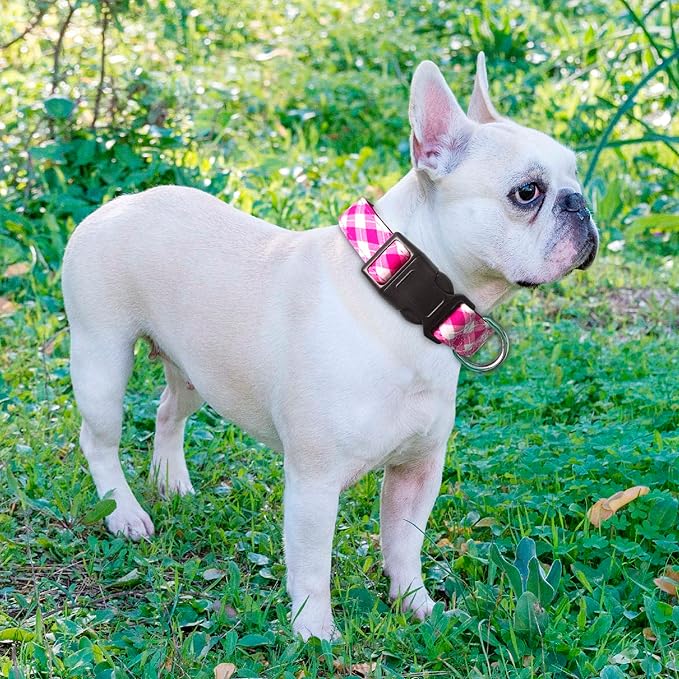 Reflective Dog Collar Padded with Soft Neoprene Breathable Adjustable Nylon Dog Collars for Small Medium Large Dogs (Small (Pack of 1), Pink Plaid Collar+Leash)