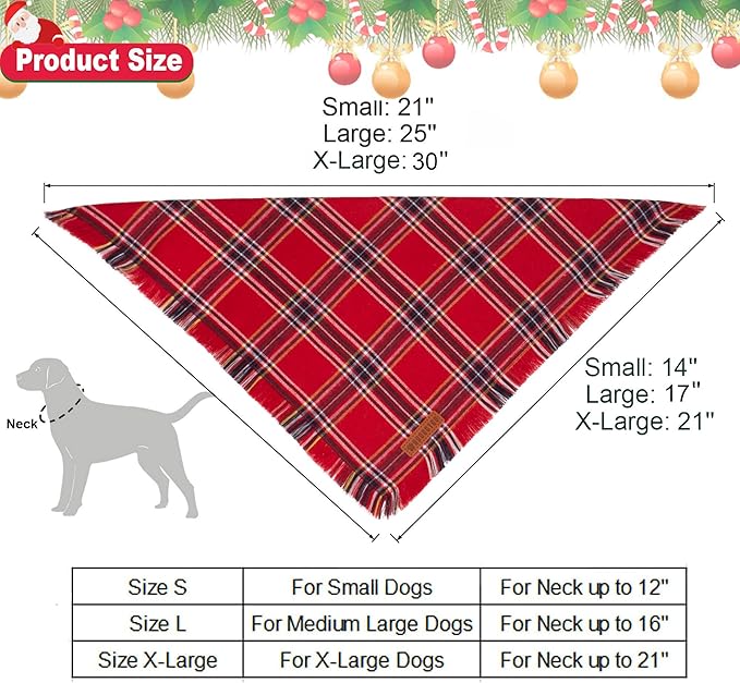 ADOGGYGO Christmas Dog Bandanas with Tassels, Stylish Red Green Plaid Dog Scarf Bib, Multiple Sizes, Pet Christmas Bandanas for Medium Large Dogs (Large)