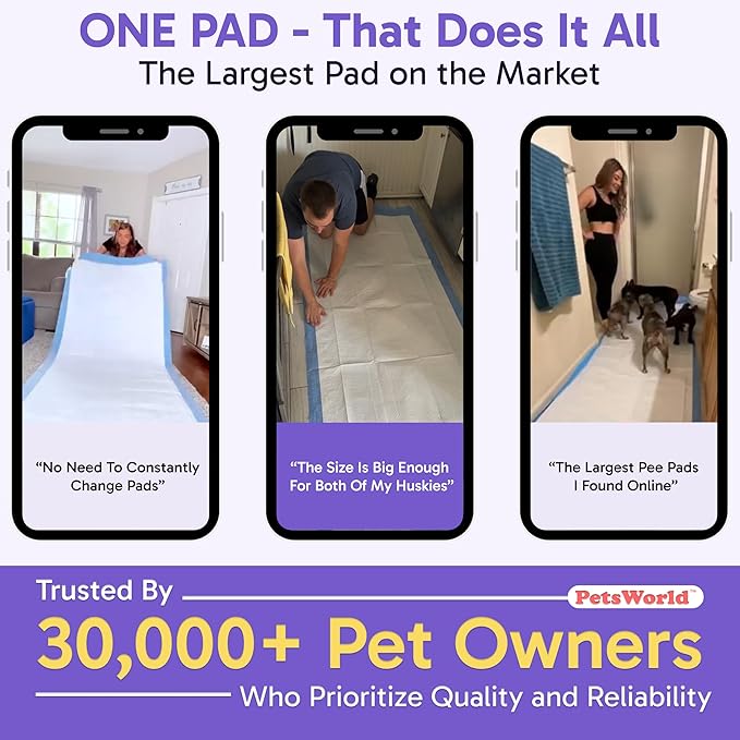 PETSWORLD Mega-Sized Dog Pee Pads (40" x 99") – 4XL Gigantic Pet Piddle Pads for Puppy Training, Incontinence – with Adhesive Sticky Tape – Leak Proof, 5-Layer Protection (20 Count)