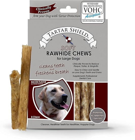 Tartar Shield Soft Rawhide Chews | Safe Dental Treats for Large Dogs | Vet VOHC Approved | Daily Bone Cleans Teeth & Gums Fresh Breath Oral Health Support | USA Made | (Large Dogs / 8 Count)