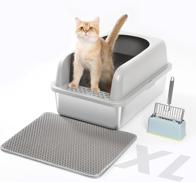 Stainless Steel XXL Cat Litter Box for Big Cats- Metal Extra Large Litter Box with Lid, Include Metal Litter Scoop,Mat. High Sided with Guard Prevent Splashing. No Smell, Always New After Clean.