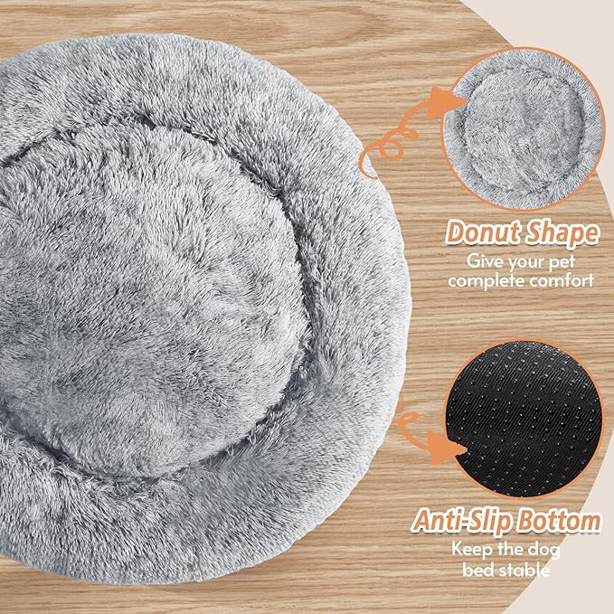 JOLLYVOGUE Small Dog & Cat Beds for Indoor Cats, Donut Cuddler Warming Soft Dog Beds with Anti-Slip Bottom, Round Calming Fluffy Plush Faux Fur Cushion Bed for Small Medium Dogs (20", Smoke Grey)