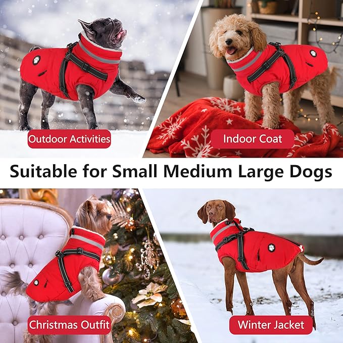 Dogcheer Dog Coat with Harness, Waterproof Dog Jacket, Christmas Puppy Winter Coat with Pocket, Reflective Doggy Turtleneck Puffer Vest for Small Medium Large Dogs - Red, S