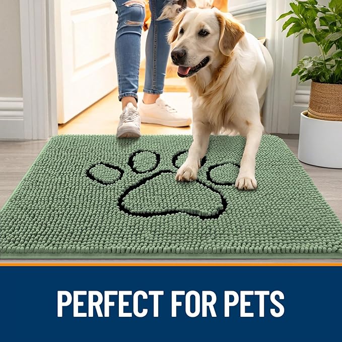 OLANLY Dog Door Mat for Muddy Paws 30x20, Paw Print Design, Absorbs Moisture and Dirt, Non-Slip Washable Doormat, Quick Dry Chenille Mud Mat, Entry Indoor Entryway Carpet, Olive Green and Black
