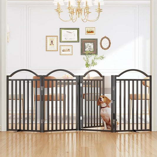 UDD Dog Gate Indoor 96" Extra Wide, 32" Tall Foldable Pet Gate with Door for Stairs Doorways Hallways Porch, Freestanding No Drilling Metal Pet Fence for Dogs Puppy, Black 4-Panel