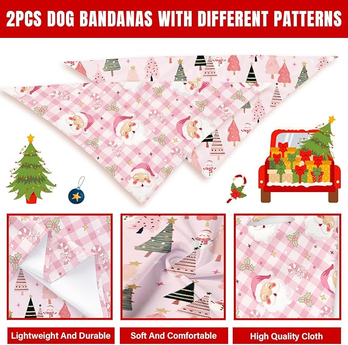 Pink Christmas Dog Bandanas 2 Pcs, Pink Pet Scarf for Dog Girl, Cute Triangle Puppy Scarf Kerchief Bandana Small Medium Pet Dogs On Xmas, Christmas Father Xmas Tree Print Gifts for Dogs Lovers