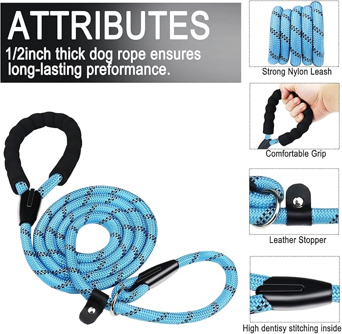 Dog Leash, 6 FT Slip Lead Dog Leashes, Durable Premium Quality Strong Training Rope Slip Leash with Comfortable Padded Handle and Highly Reflective Threads for Small Medium and Large Dogs, (Blue)