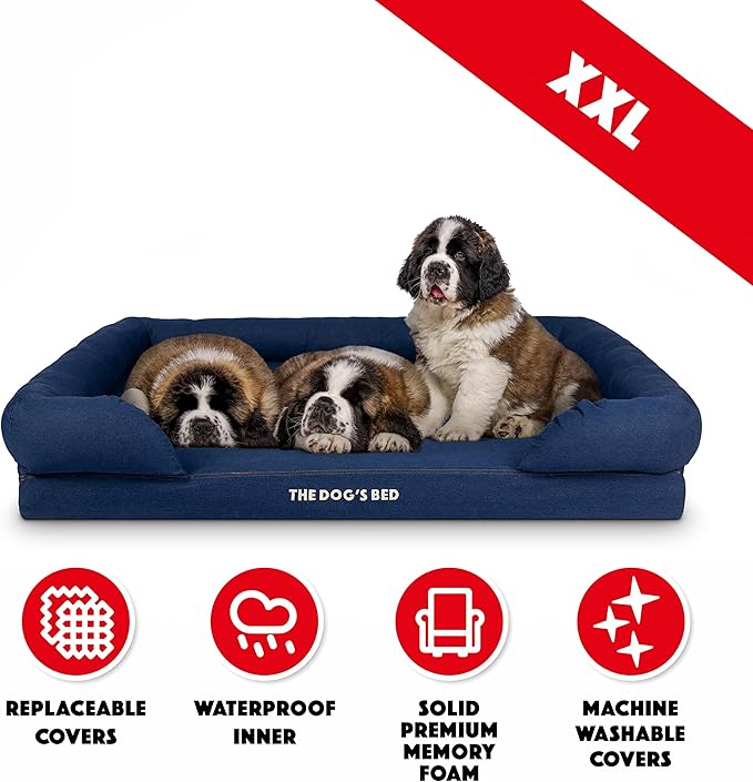 The Dog’s Bed, XXL Blue Denim, Memory Foam, Pain Relief: Arthritis, Hip & Elbow Dysplasia, Post Surgery, Lameness, Supportive, Calming, Waterproof Washable Cover