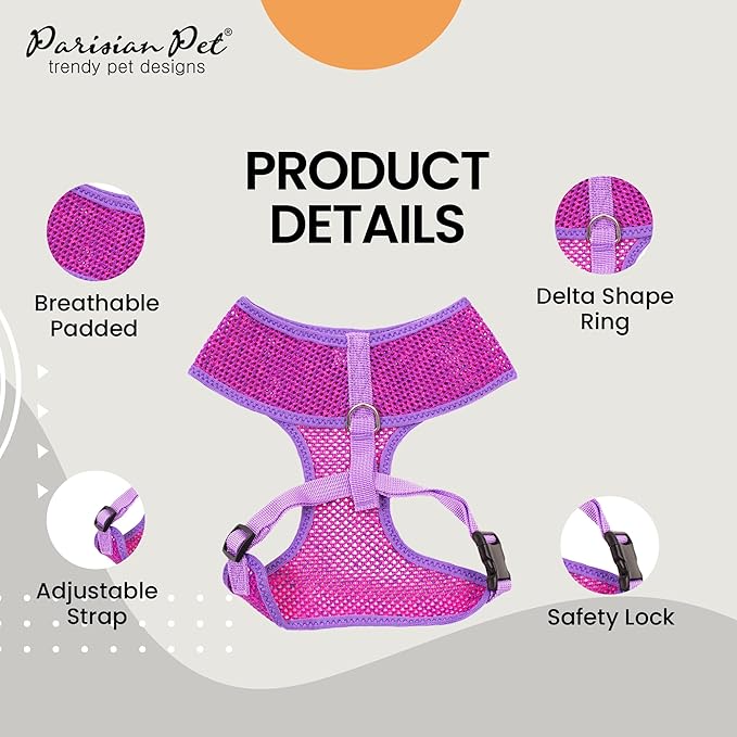 Parisian Pet Girl Soft Padded Purple/PinkMesh Fabric Dog Vest Harness - Small-Sized, Cooling, Walking, Running & Hiking, Puppy Friendly