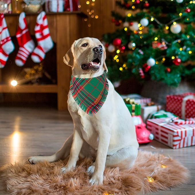ADOGGYGO 2 Pack Dog Bandana Christmas with Tassels Edges, Stylish Red Green Plaid Pet Scarf Bibs Kerchief, Premium Cotton Fabric, Pet Christmas Bandanas for Large X-Large Dogs (X-Large)