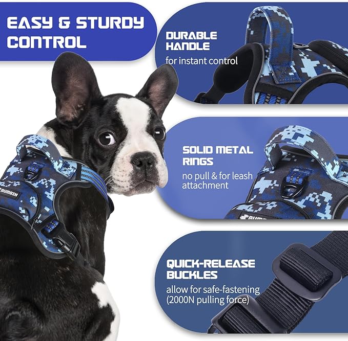 BUMBIN Dog Harness for Large Dogs, No Pull Adjustable No Choke Pet Vest with Dog Leash Fit Smart Reflective Pet Walking Harness for Training Easy Control Soft Handle Blue Camo L