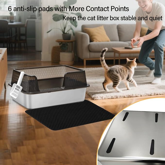 Medium Low Entry Enclosed Stainless Steel Cat Litter Box with lid Scoop and Pads Easy Clean Kitten Kitty Transparent Black Metal Litter Box
